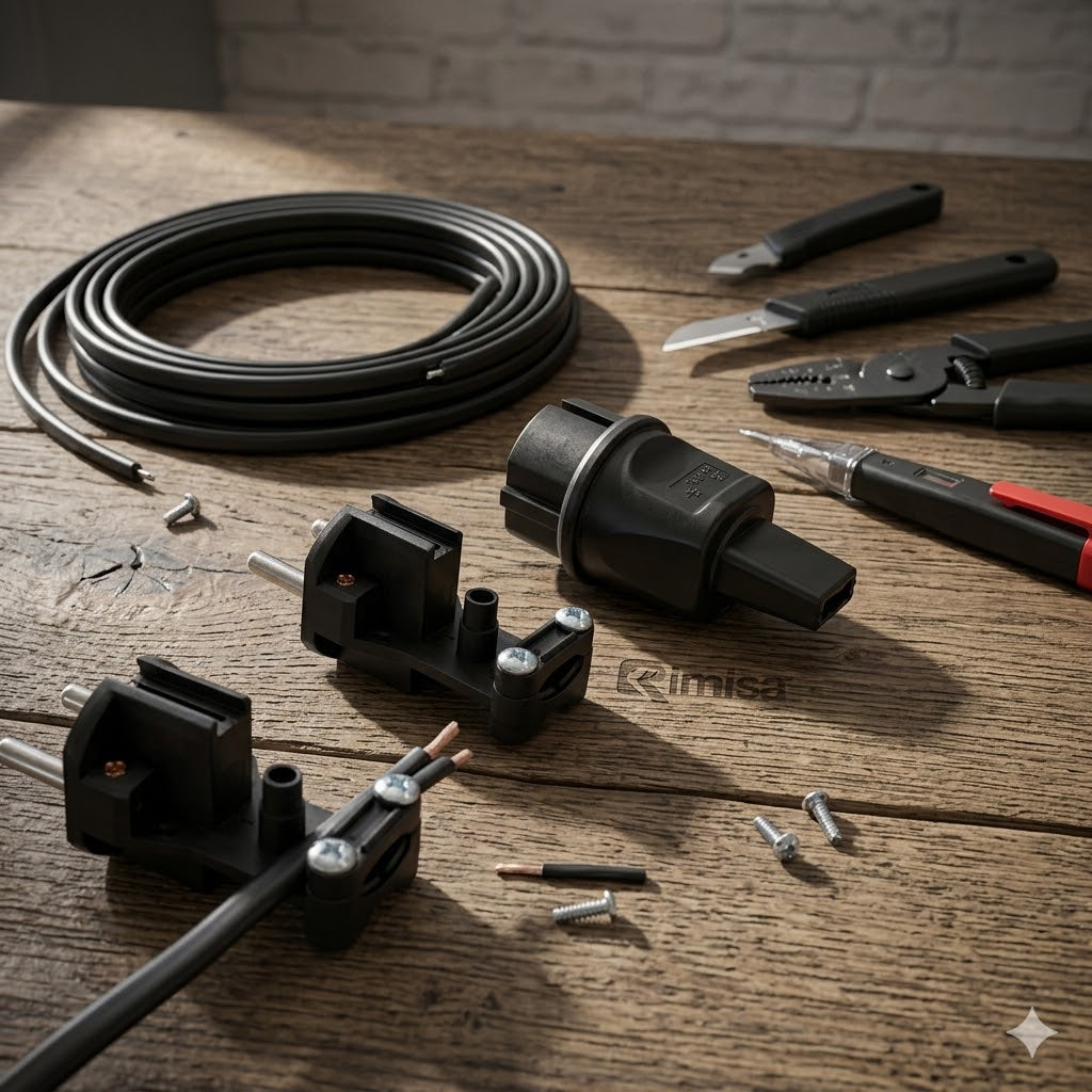 Een gedetailleerde weergave op een industriële werkbank van de modulaire Schuko-stekkercomponenten voor prikkabel, met een kabelstripper mes, striptang en spanningszoeker pen. Een lengte ongemounteerde flat-core prikkabel ligt klaar, met een deel al voorbereid, klaar voor montage op het terminal block. Subtiel Rimisa-logo zichtbaar op het hout.