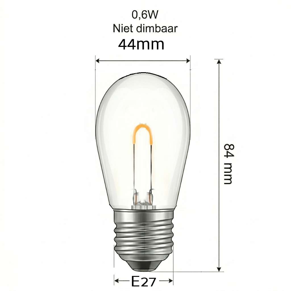 Een gedetailleerde technische maattekening van de ST45 polycarbonaat LED-lamp (0,6W, niet dimbaar), op een strak grid, met de afmetingen 44 mm breed, 84 mm hoog,