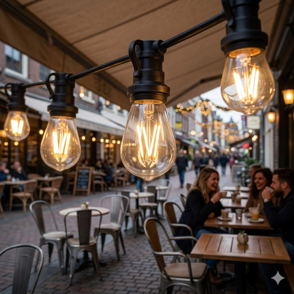 Een prikkabel ledlamp op een sfeervol horeca-terras boven een gezellige winkelstraat bij schemering, met patrons, metalen cafe stoelen en houten tafels onder een canvas overkapping. Focus op de centrale, warm-gloeiende Prikkabel ledlamp.