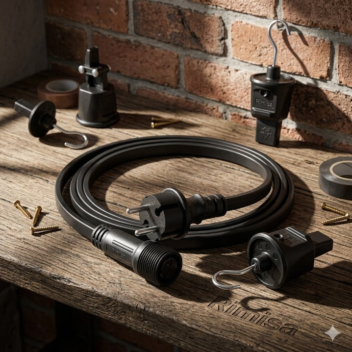 Rimisa startkabel (1 meter lengte) voor koppelbare prikkabelverlichting, getoond op een houten werkbank. De kabel is voorzien van een male Eurostekker aan de ene kant en een female schroefstekker aan de andere kant, klaar voor installatie. Subtiel Rimisa-logo zichtbaar.
