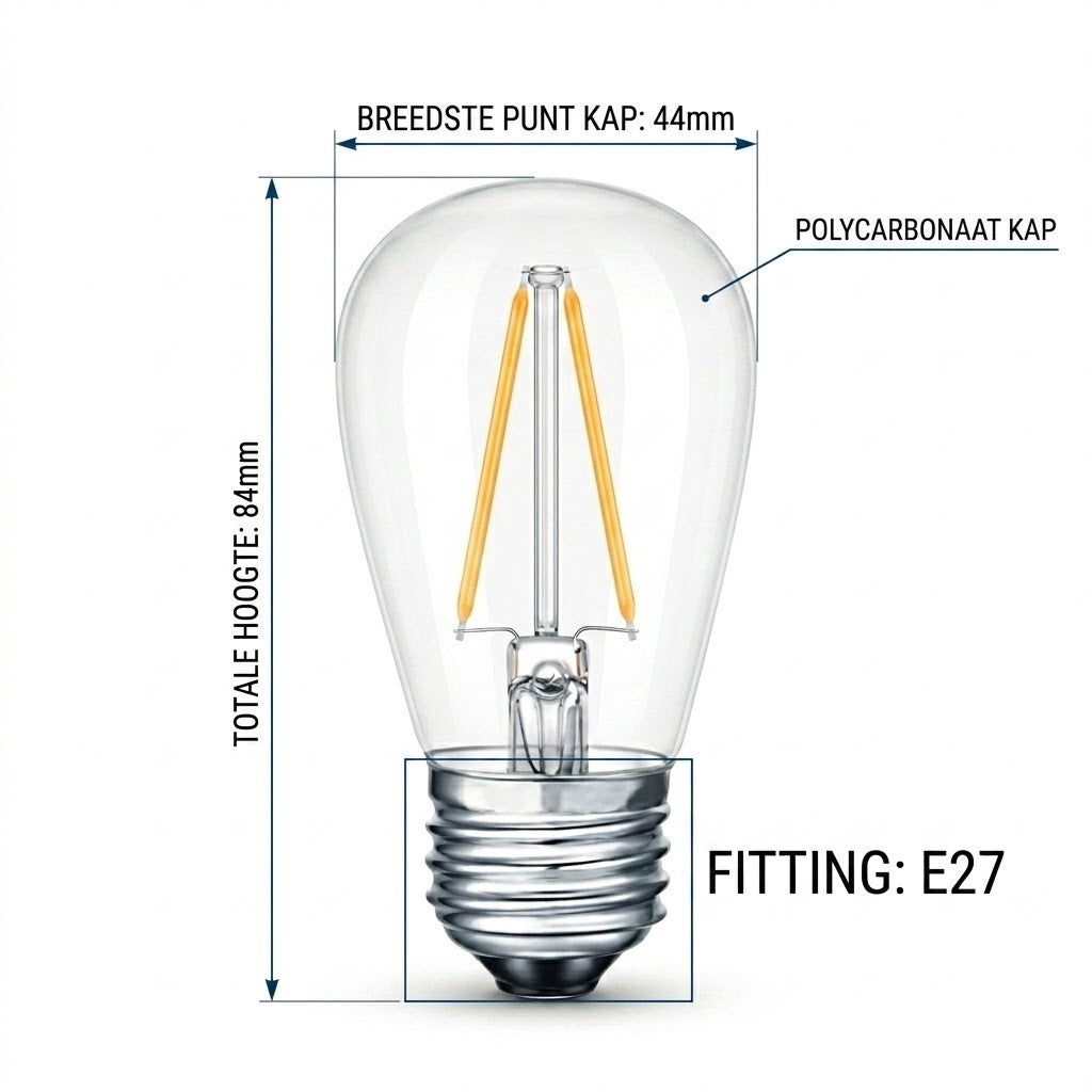 Technische maatschets van de Rimisa prikkabel LED lamp, tonende een totale hoogte van 84mm, een breedte van 44mm op het breedste punt van de polycarbonaat kap, en een E27 fitting.