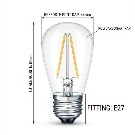 Technische maatschets van de Rimisa prikkabel LED lamp, tonende een totale hoogte van 84mm, een breedte van 44mm op het breedste punt van de polycarbonaat kap, en een E27 fitting.