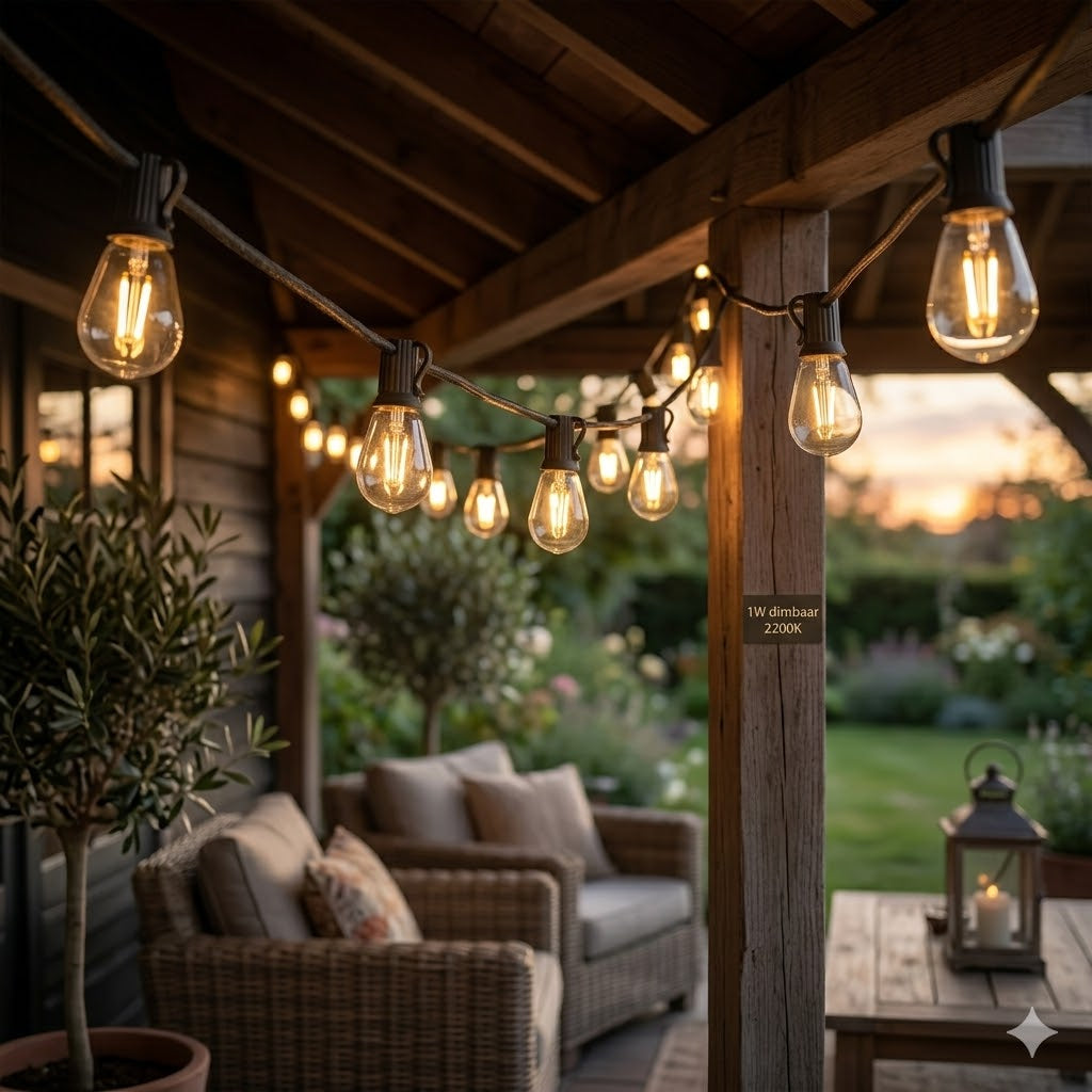 Sfeervolle veranda bij schemering, verlicht met een string van Rimisa S14 filament prikkabel LED-lampen (E27, dimbaar, 1W) met een zeer warme 2200K gloed, gedrapeerd over houten balken boven wicker tuinmeubelen.