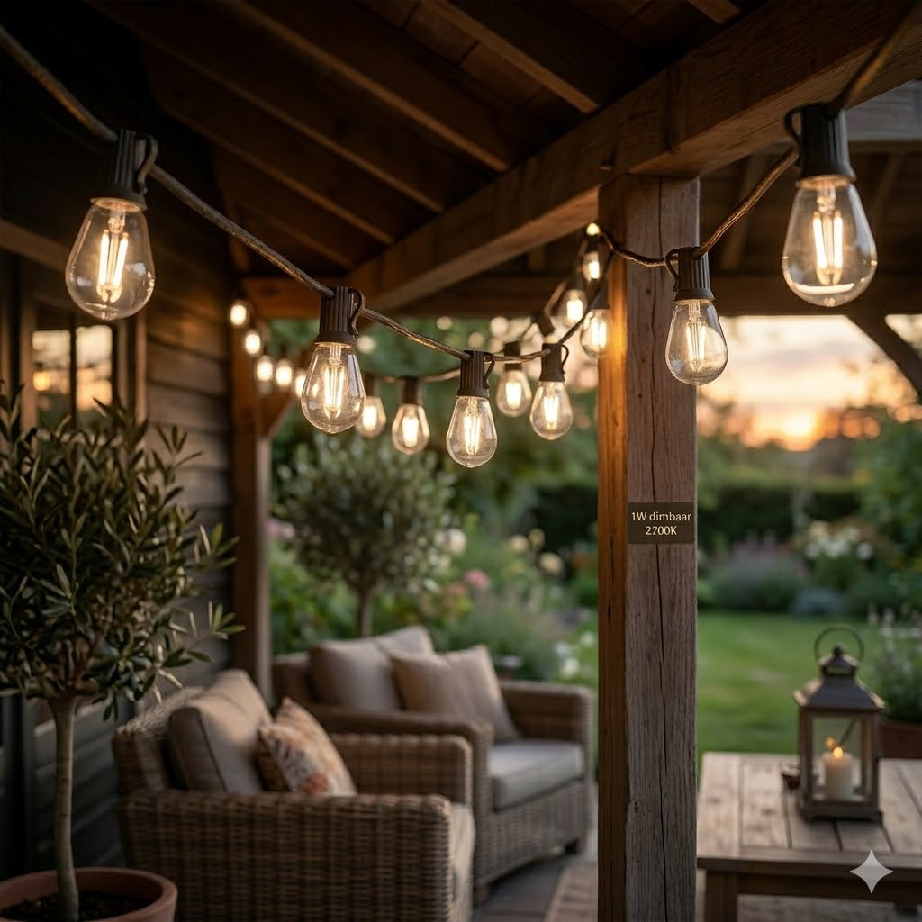 Sfeervolle veranda bij schemering, verlicht met een string van Rimisa S14 filament prikkabel LED-lampen (E27, dimbaar, 1W) met een heldere warmwitte 2700K gloed, gedrapeerd over houten balken boven wicker tuinmeubelen.