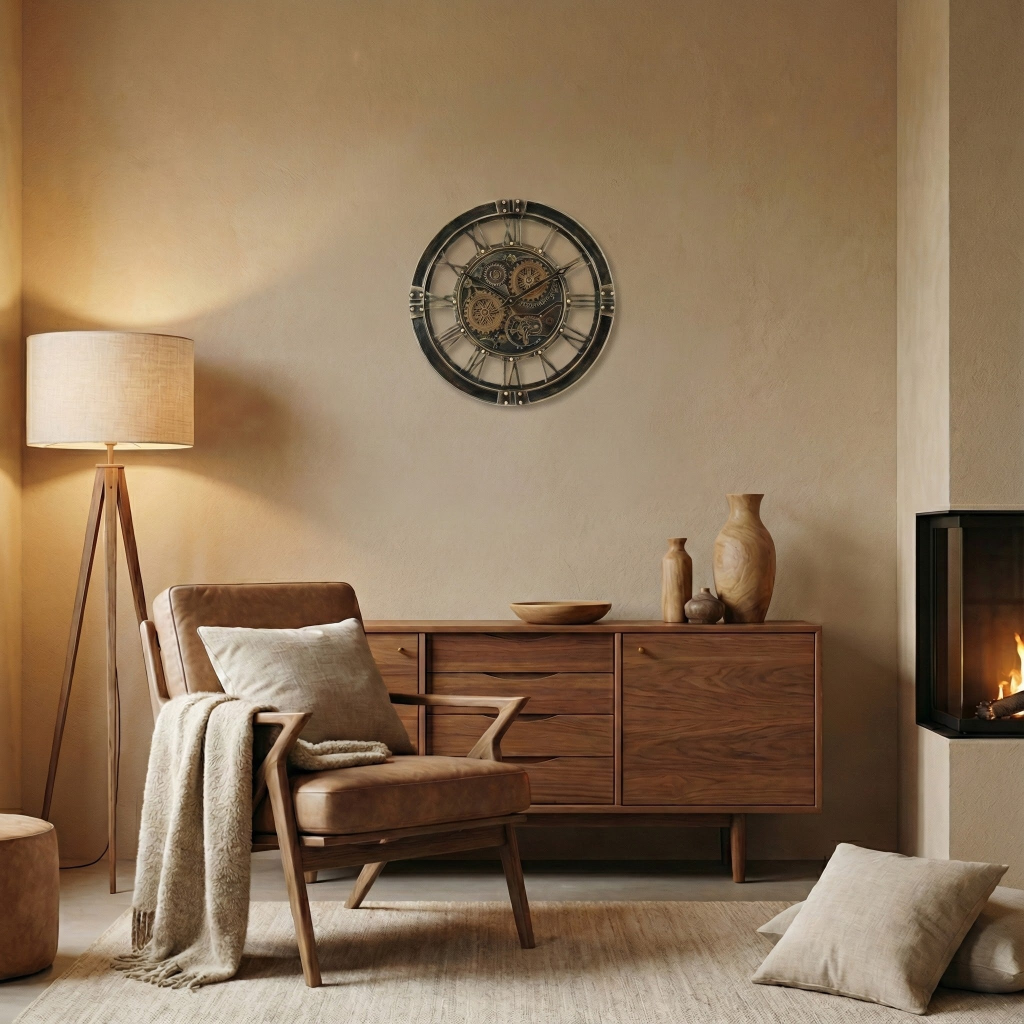 Een minimalistisch Japandi interieur met de industriële Rimisa Kadan radarklok aan een beige muur, gestyled met een houten dressoir, een lederen fauteuil met zacht plaid en een houten driepoot vloerlamp voor een warme, tijdloze sfeer.