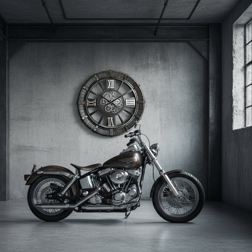 Een grote industriële metalen wandklok met zichtbare draaiende tandwielen en Romeinse cijfers, hangend aan een betonnen muur boven een klassieke bruine motorfiets in een sobere, moderne garage.