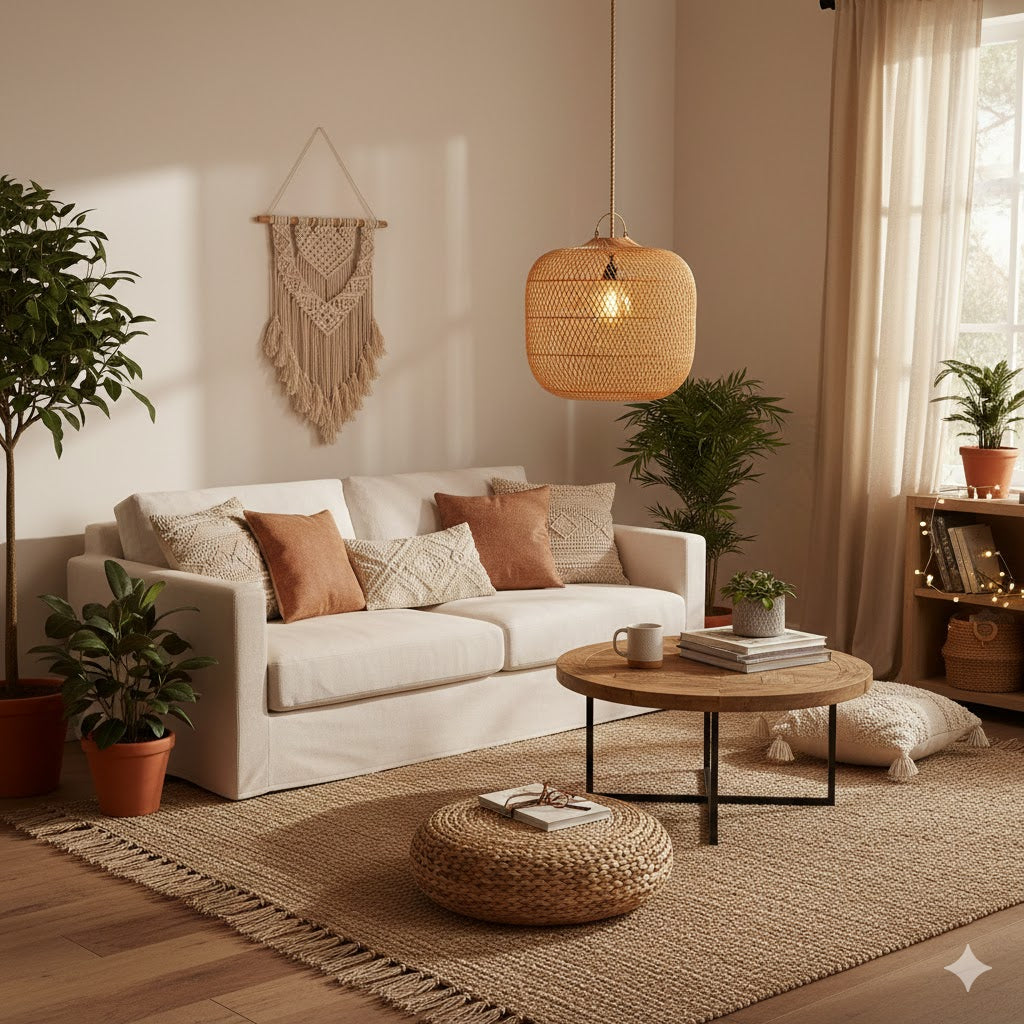 Sfeervolle rotan hanglamp Batu Bolong brandend in een modern boho woonkamer interieur met een witte bank, macramé wandkleed en natuurlijke materialen.