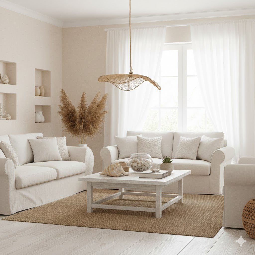 Handgemaakte natuurlijke rotan hanglamp Chapeau boven een witte salontafel in een licht Ibiza-stijl interieur met schelpdecoratie.