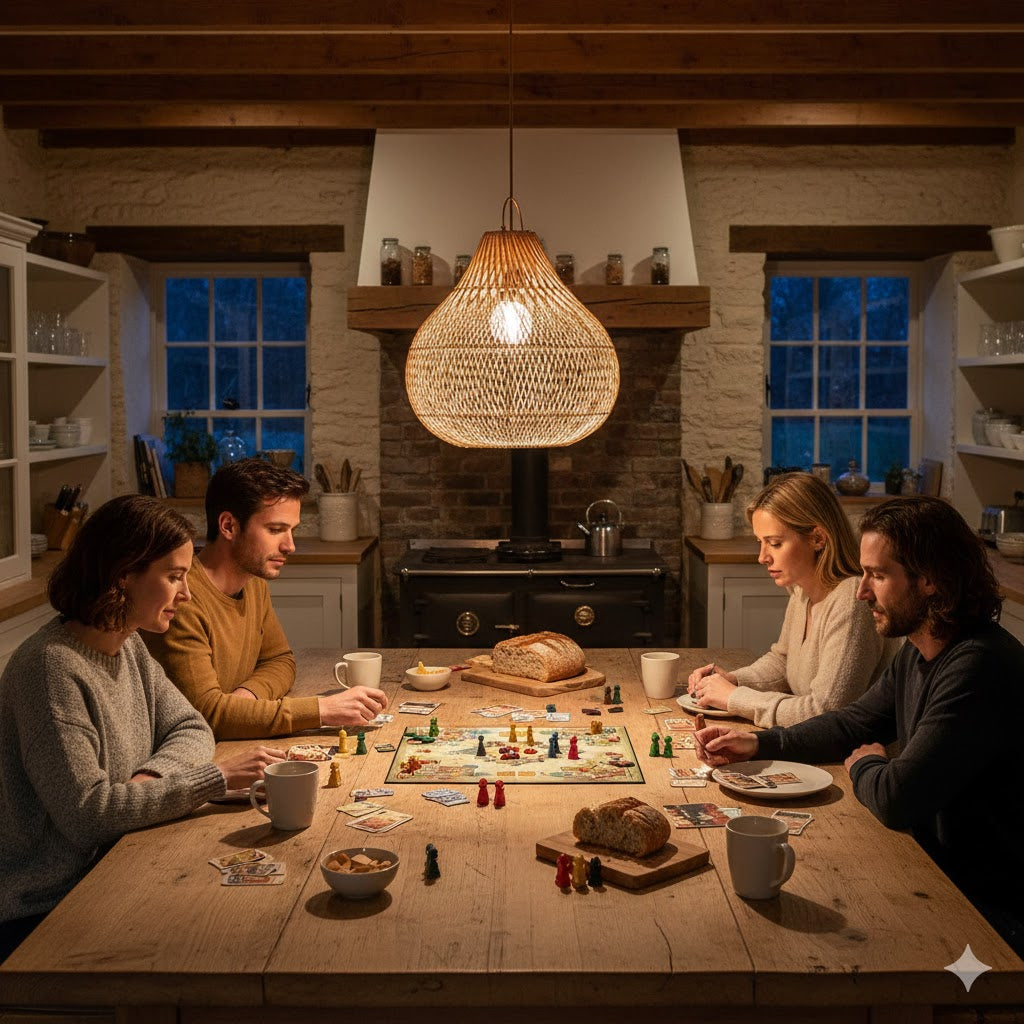 Sfeervolle rotan hanglamp boven een houten tafel met een gezelschapsspel in een landelijke woonboerderij keuken van Rimisa.
