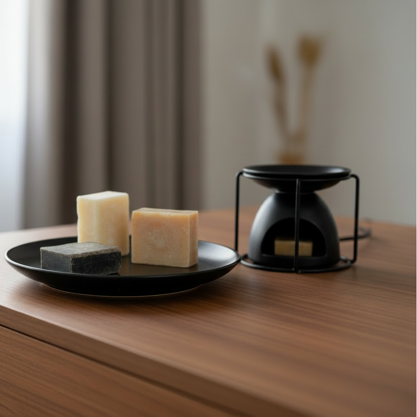 Drie ambachtelijke amberblokjes in de kleuren zwart, amber en ivoorwit, gepresenteerd tegen een dressoir voor de Rimisa geurcollectie