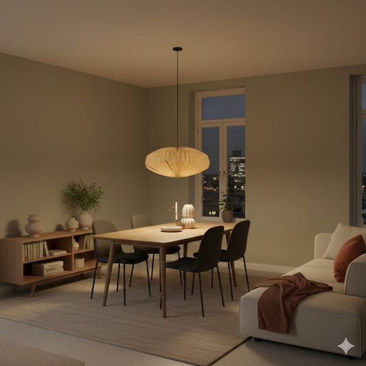 Sfeervolle woonkamer met een beige geplooide Hanglamp katoen Harmonie ellips 80cm boven een houten eettafel in een modern Scandinavisch interieur - Rimisa