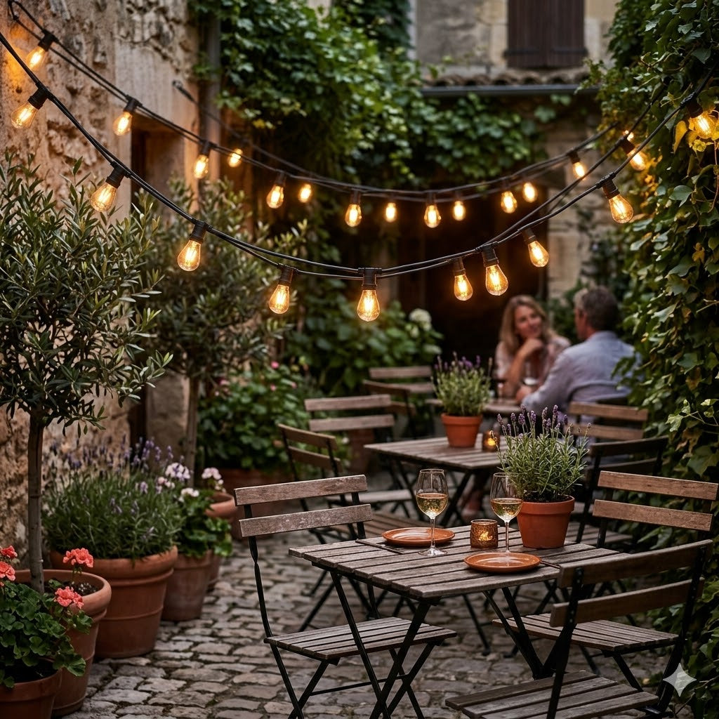 Een zwart lichtsnoer van 20 meter in een zigzagpatroon boven een sfeervol terras met houten meubels en planten voor de ultieme Rimisa beleving.