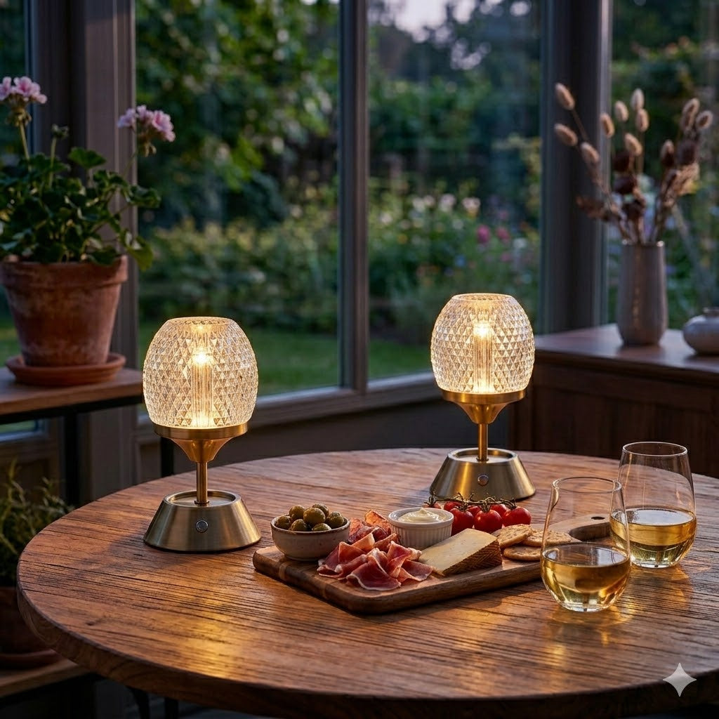 Twee Sinatra snoerloze gouden LED-tafellampen met kristallen kap op een sfeervol gedekte tuintafel in een serre met wijn en tapas – Rimisa.