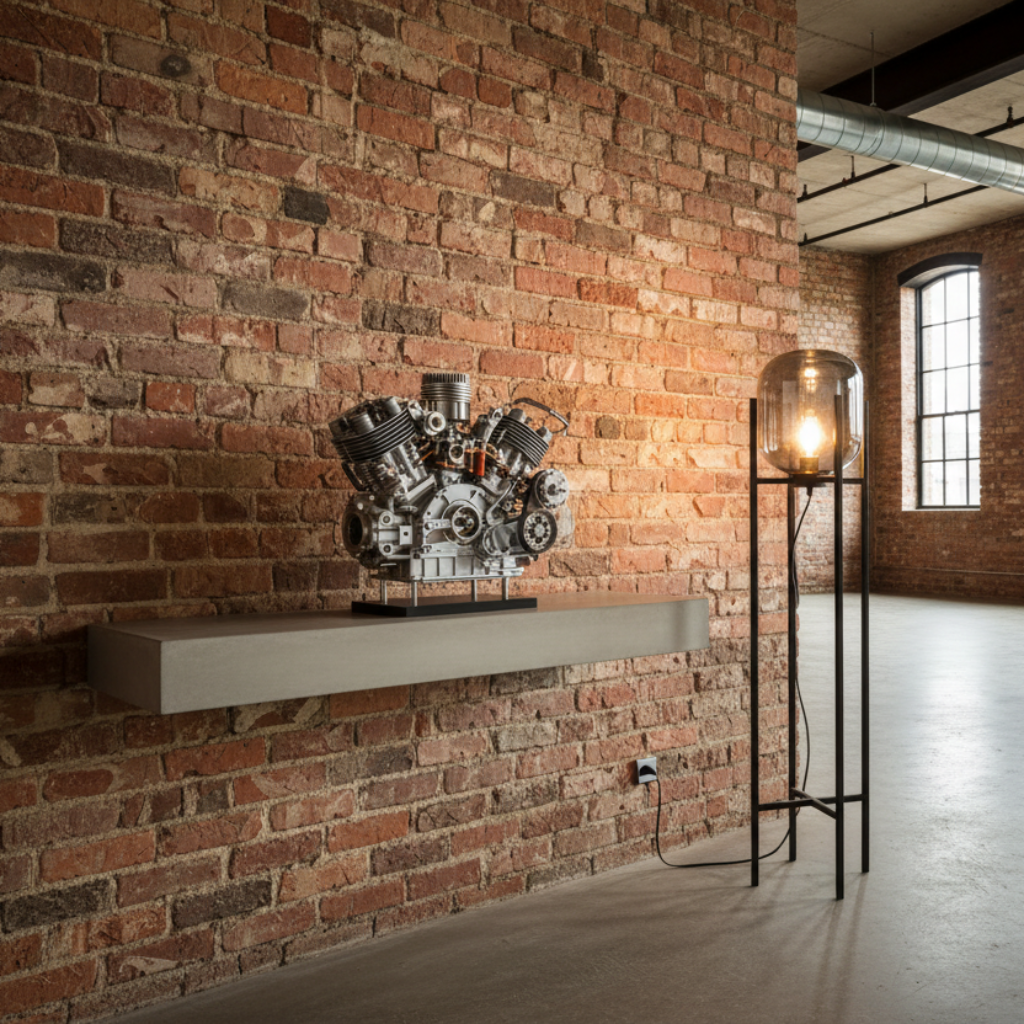 Zijaanzicht van vloerlamp Bas met vier zwarte metalen poten en rookglas in een loft interieur