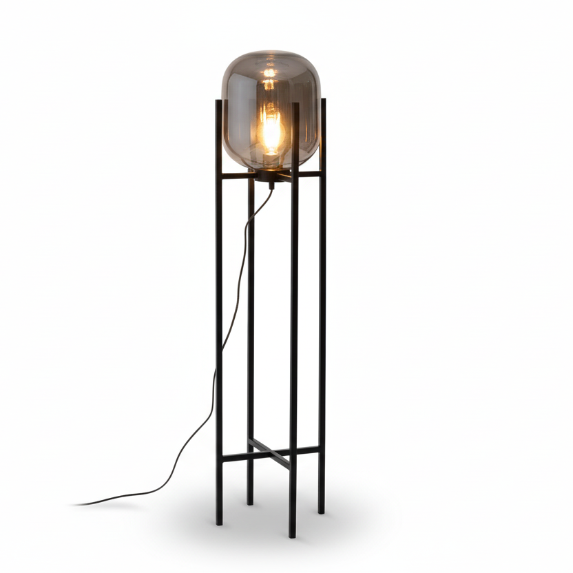 Vloerlamp Bas met zwart metalen poten en ovale smoke glazen kap in modern interieur
