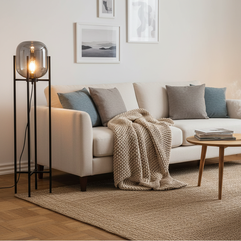 Vloerlamp Bas met zwart metalen poten en ovale smoke glazen kap in modern interieur geplaatst naast een bank