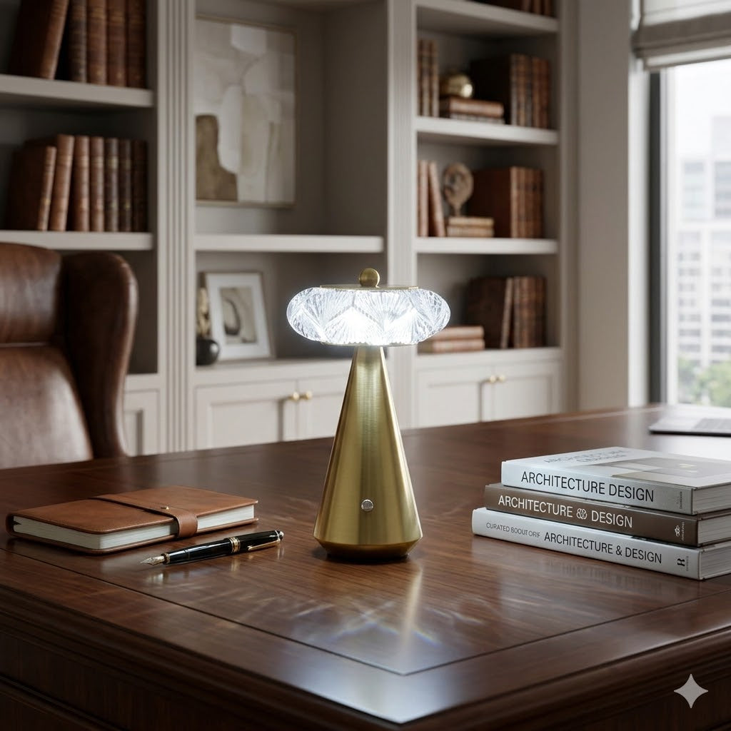 Diamond Diva LED-lamp van Bazar Bizar als luxe decoratief accent in een modern thuiskantoor of bibliotheek via Rimisa.
