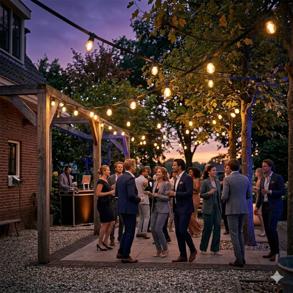 Sfeervolle avondopname van een stijlvol dance event in een tuin met houten pergola en bomen, waar gasten in elegante maatpakken dansen onder brandende prikkabels van Rimisa.