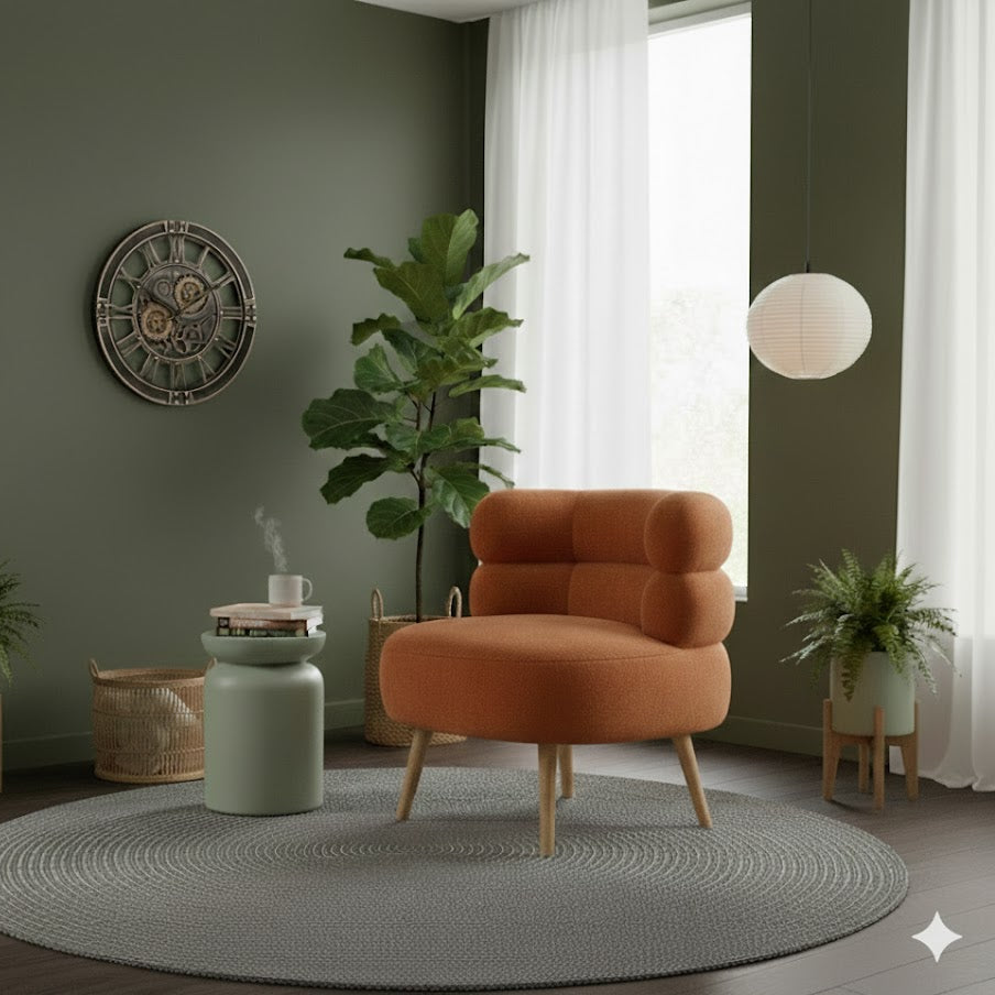 Stoere industriële wandklok Kadan aan een groene wand boven een By Moos bijzettafel en oranje fauteuil Margot van Rimisa.