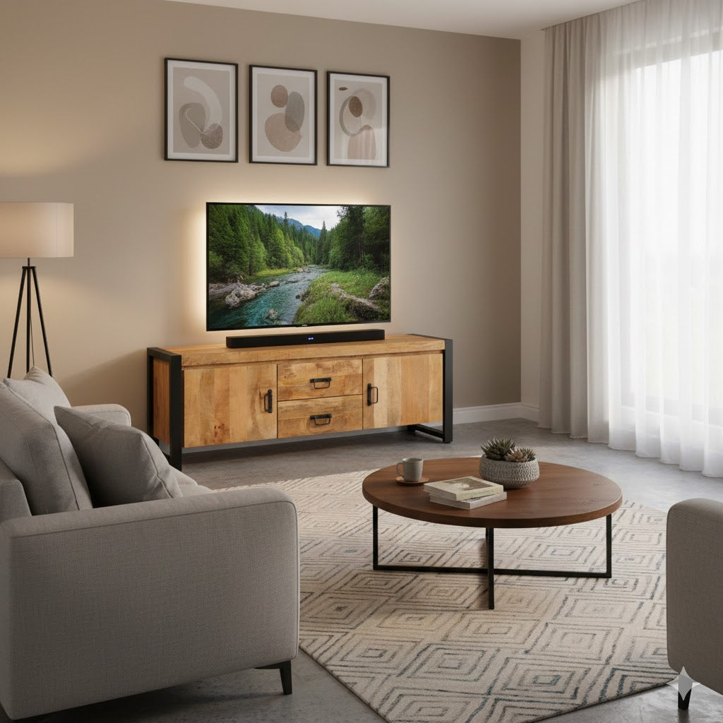 Industrieel tv-meubel Britt van 150cm mangohout in een sfeervolle woonkamer met een OLED TV en soundbar.