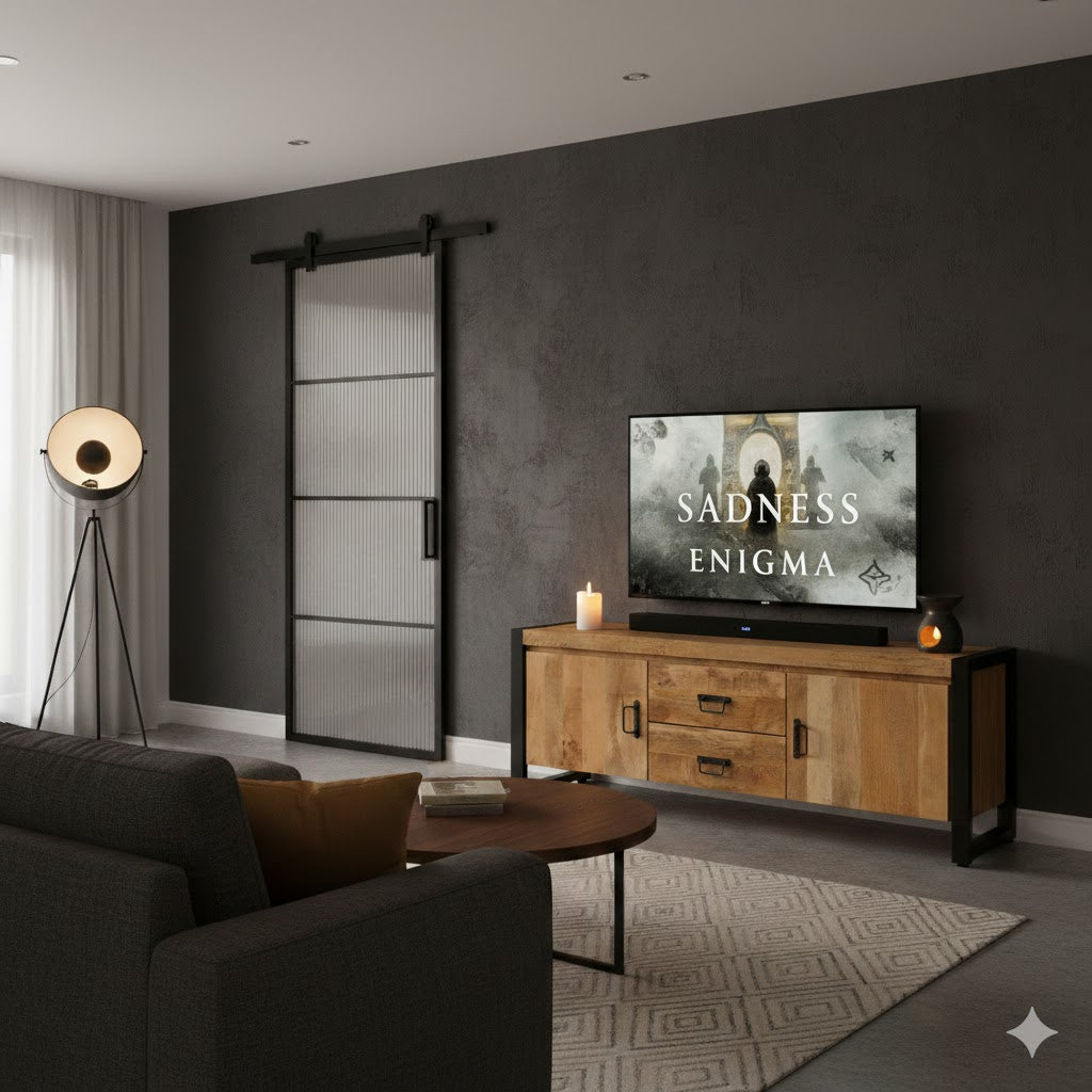 Industrieel mangohouten tv-meubel Britt in een loft met een donkere muur, taatsdeur, LED-kaars en geurbrander voor amberblokjes.