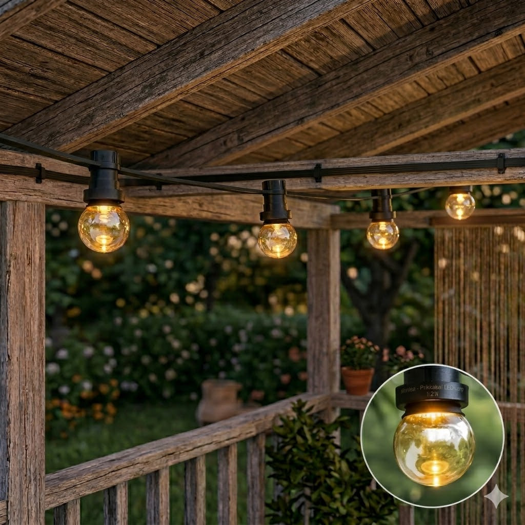 Rimisa sfeervolle prikkabel LED-verlichting in een rustieke veranda-omgeving. De foto toont vier brandende G40 filament-stijl lampen gemonteerd op verweerde houten balken