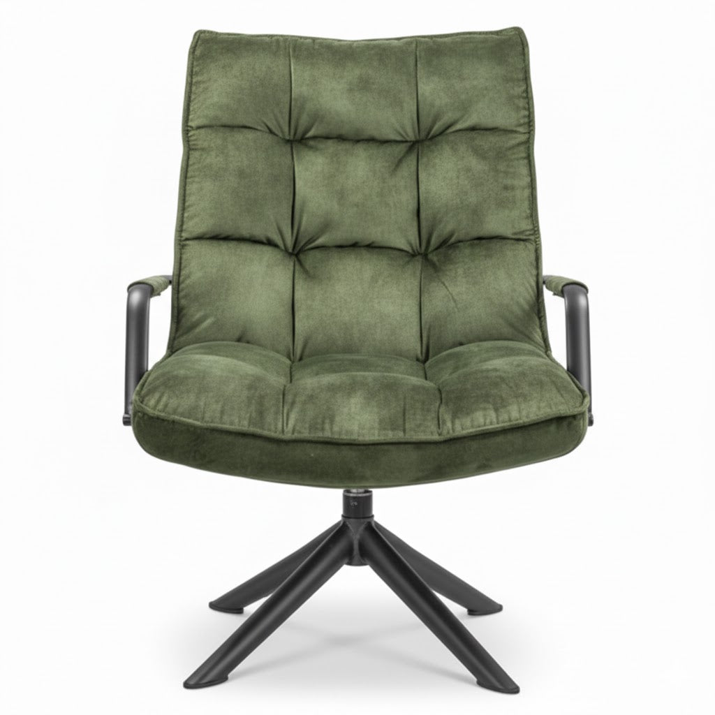 Draaifauteuil Hidde met armleuning bekleed met groene velours stof op een zwarte metalen draaivoet Rimisa
