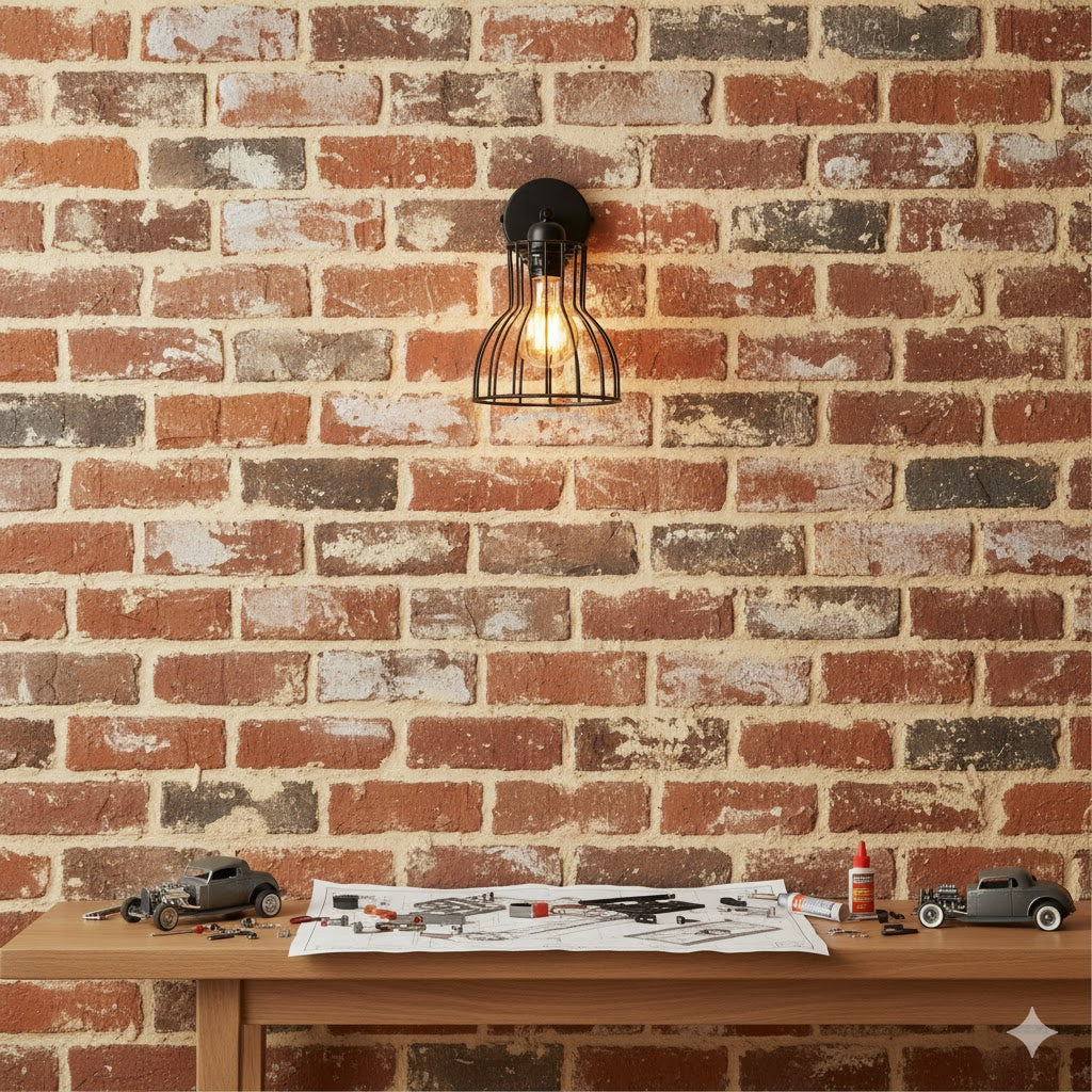 Industriële zwarte kooilamp van By Moos boven een stoere houten werktafel met een onafgewerkt hotrod bouwpakket en bouwtekeningen op een donkere muur.