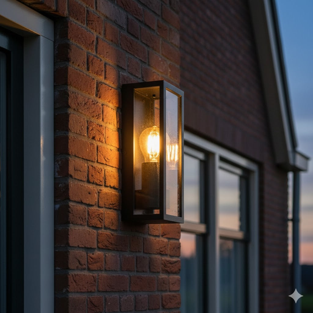 Industriële buitenwandlamp Tess zwart met helder glas