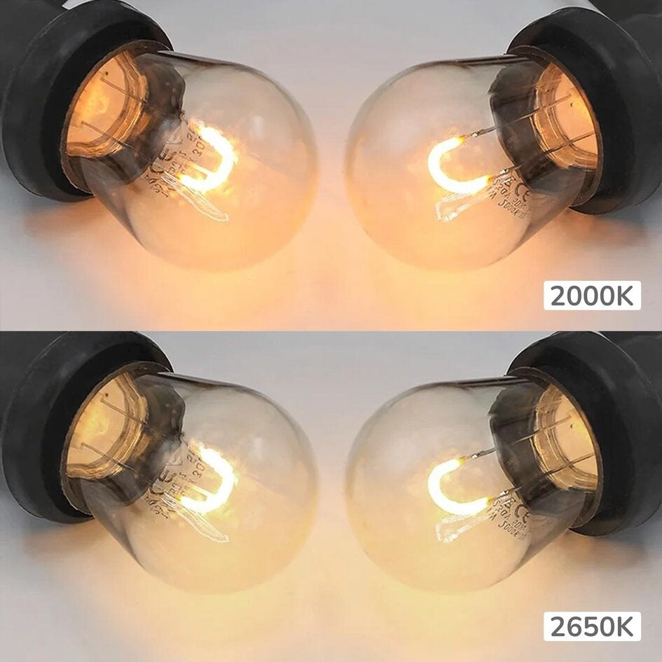 Een gedetailleerde vergelijking van 2 LED-prikkkabellampen: de bovenste lamp toont een oranje-amber gloed (2000K), terwijl de onderste lamp een lichtere, geel-witte gloed (2650K) uitstraalt, om het kleurverschil duidelijk te maken.