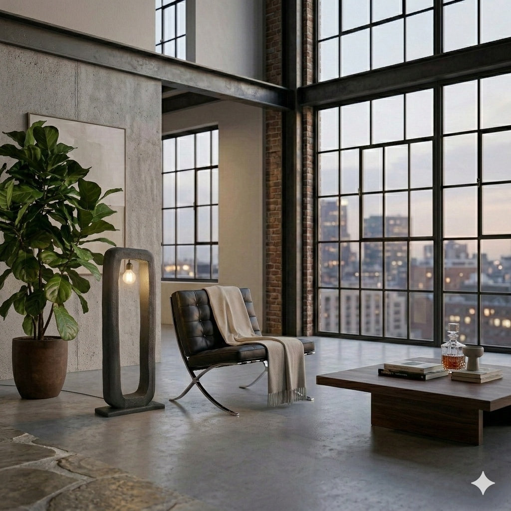 Industriële Vloerlamp Bali 125cm van By Mooss in een moderne loft met grote raampartijen en designmeubels Rimisa