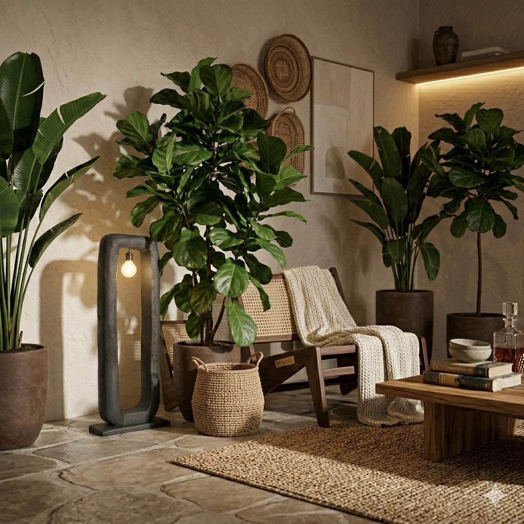 Landelijke woonkamer met de Vloerlamp Bali 125cm van By Mooss tussen groene planten en natuurlijke decoratie Rimisa