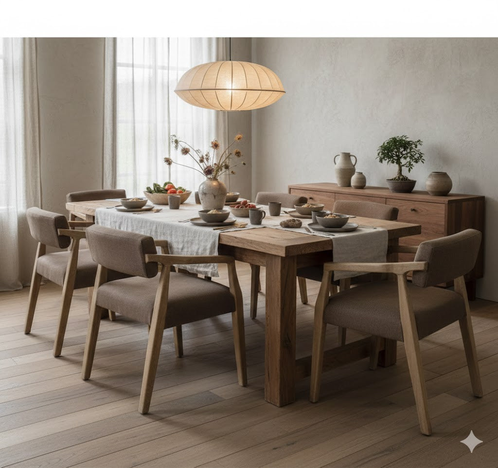 Gedekte eikenhouten eettafel met zes bruine Japandi armstoelen van mangohout in een minimalistisch Wabi-Sabi interieur met natuurlijke decoratie - Rimisa