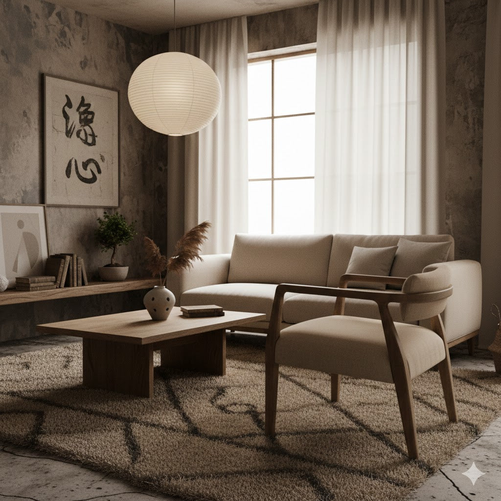 Wabi-sabi woonkamer met authentieke texturen en een Japandi armstoel van mangohout - Rimisa