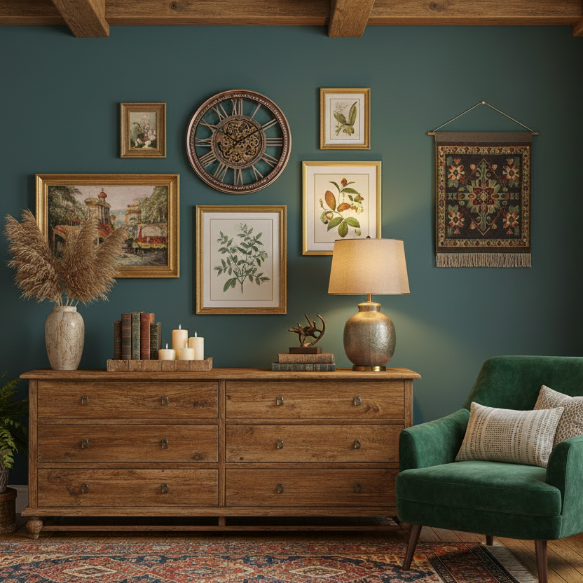 Grote ronde wandklok California met zichtbare gouden tandwielen boven een houten dressoir in een sfeervol interieur met groene muur en botanische wanddecoratie van Rimisa.