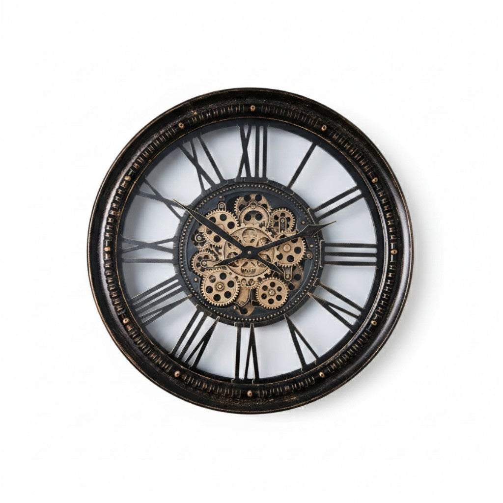 Vooraanzicht van de Black Joke wandklok met een open uurwerk en goudkleurige bewegende raderen.