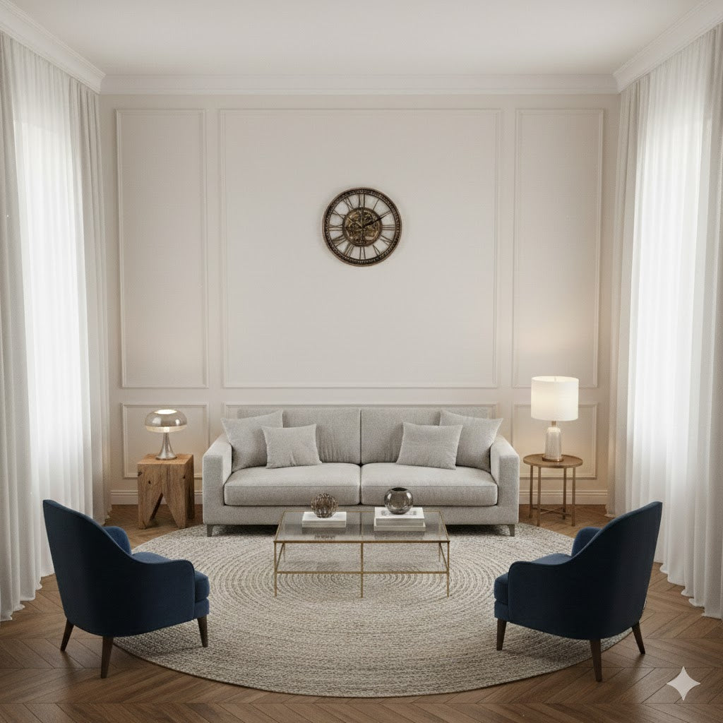 Luxe klassiek modern interieur met een industriële tandwiel klok aan de muur, gezien vanaf een vide met blauwe fauteuils en een visgraatvloer, Rimisa.