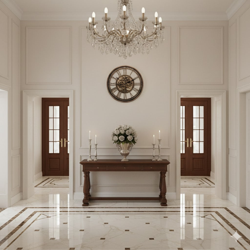 Industriële tandwiel klok boven een klassieke sidetable in een luxe hal met marmeren vloer en kristallen kroonluchter, Rimisa.