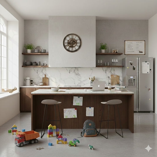 Industriële wandklok in een moderne leefkeuken met kookeiland, rondslingerend speelgoed op de vloer en kindertekeningen, Rimisa.