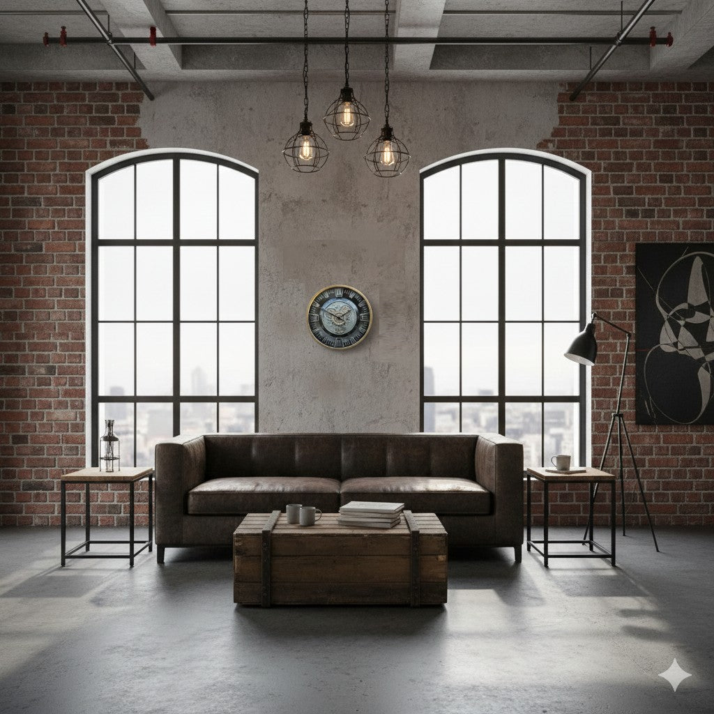 Grote industriële wandklok Misty in een sfeervolle woonkamer met bakstenen muur en leren bank van rimisa
