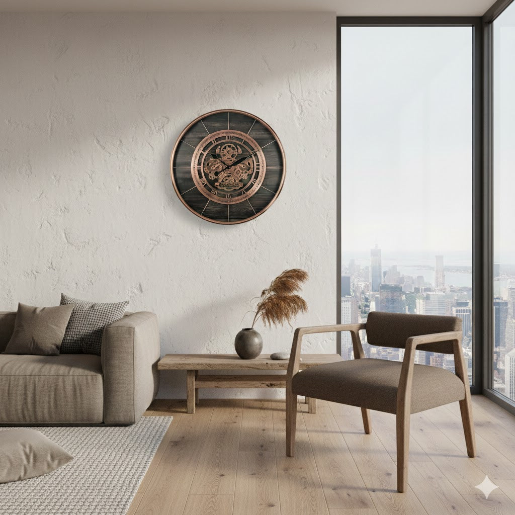 Grote bronzen radarklok Wabi aan een lichte wand in een stijlvol interieur met robuuste houten meubels en natuurlijke materialen rimisa