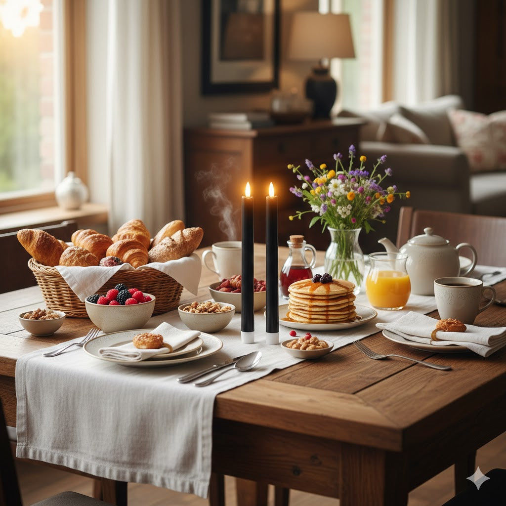 Twee elegante zwarte diner LED-kaarsen op een sfeervol gedekte ontbijttafel met pannenkoeken, croissants en bloemen van Rimisa.