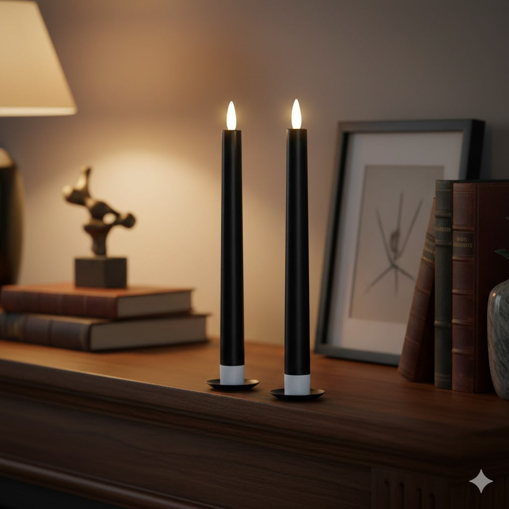 Twee stijlvolle zwarte led dinerkaarsen met realistische vlam op een houten dressoir in een sfeervol klassiek interieur van Rimisa.